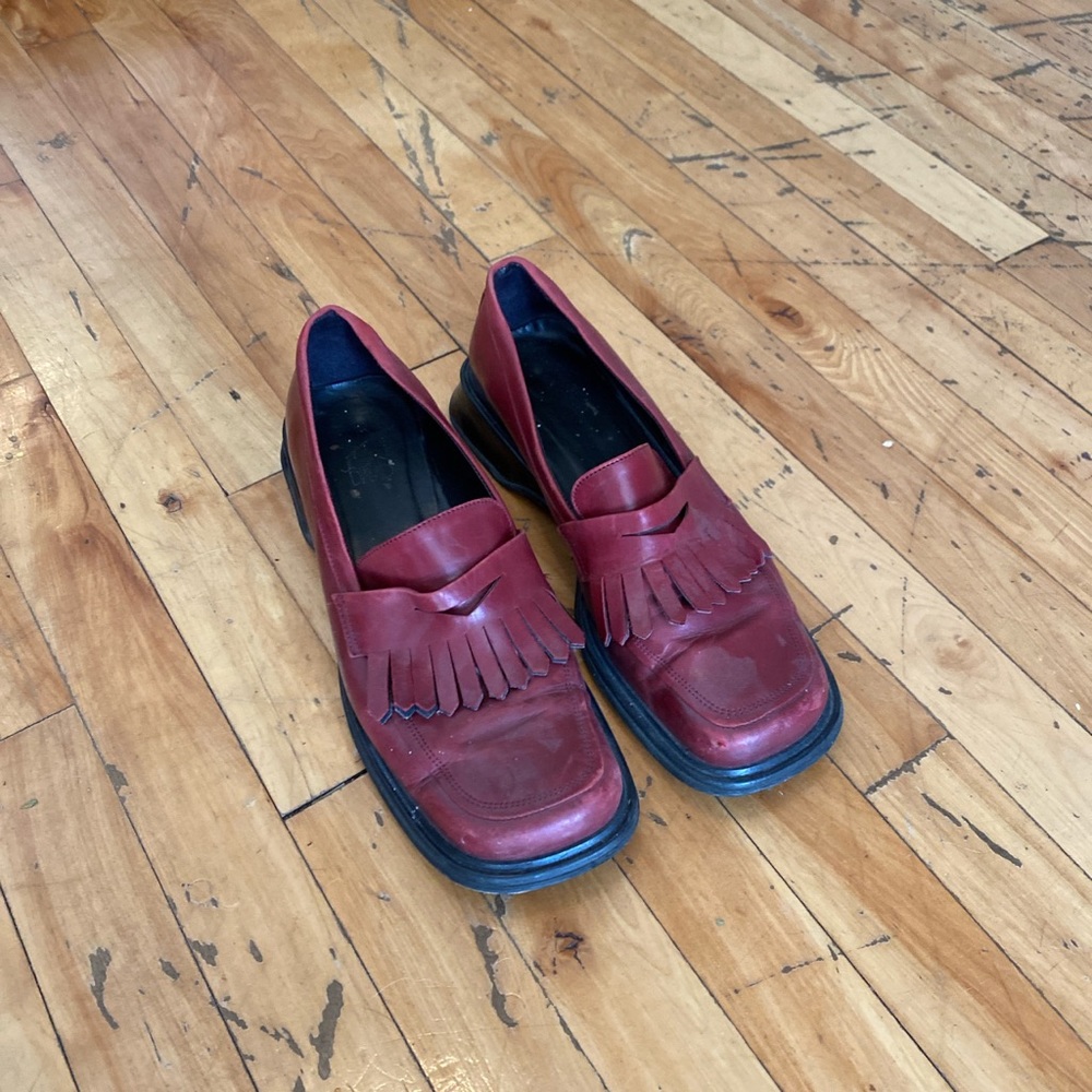 joan david red leather loafers